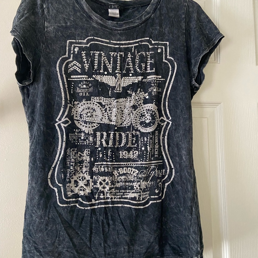 Women’s biker rhinestone embellished T-shirt.